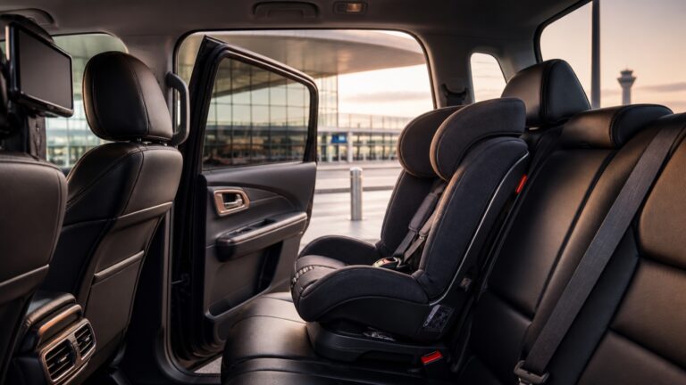 Child safety seat installed inside a private airport SUV