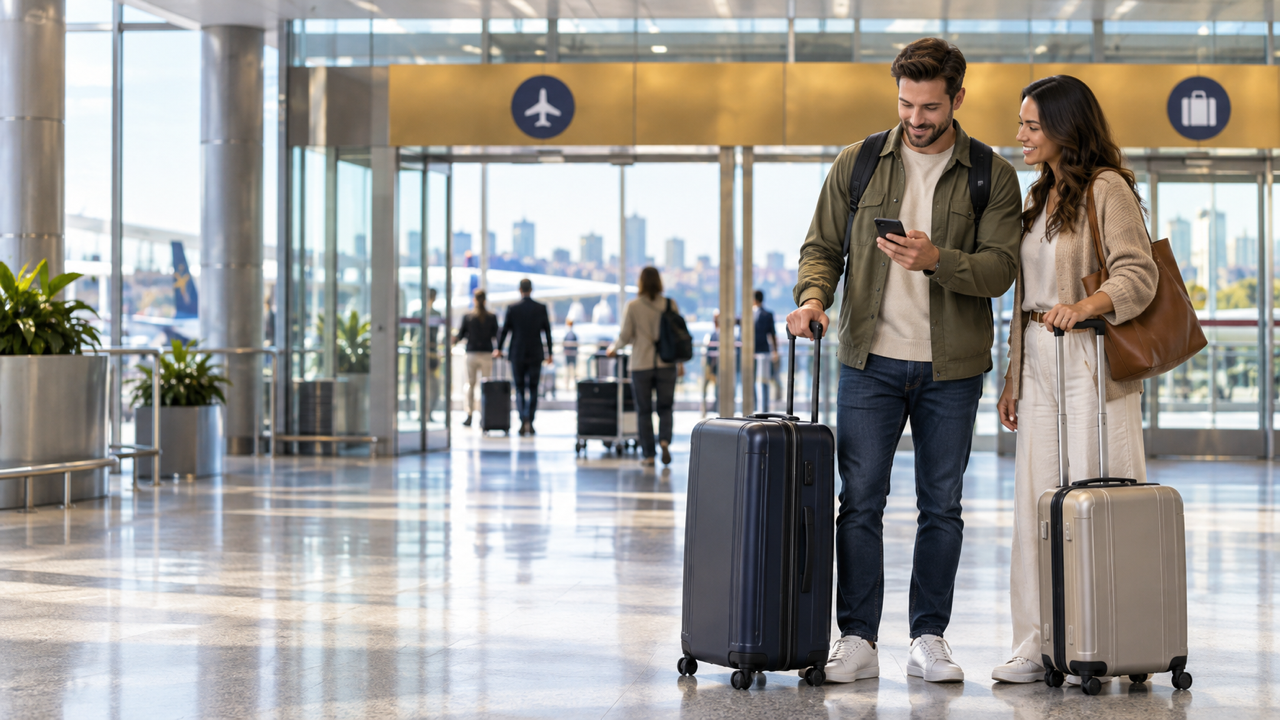 International travelers checking a pickup update after collecting luggage at Newark Airport