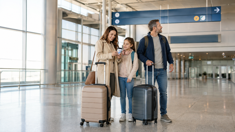 Family travelers checking an airline update with their luggage inside an airport arrivals hall