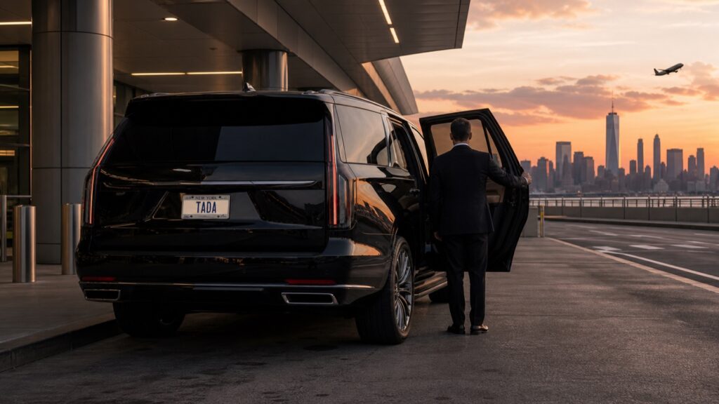 Black private SUV with a centered TADA New York plate at Newark Airport for a ride to Manhattan