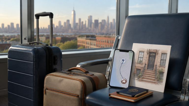 Suitcases, a route map, and a Brooklyn brownstone entrance note prepared for a JFK arrival