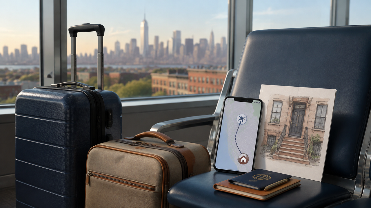 Suitcases, a route map, and a Brooklyn brownstone entrance note prepared for a JFK arrival