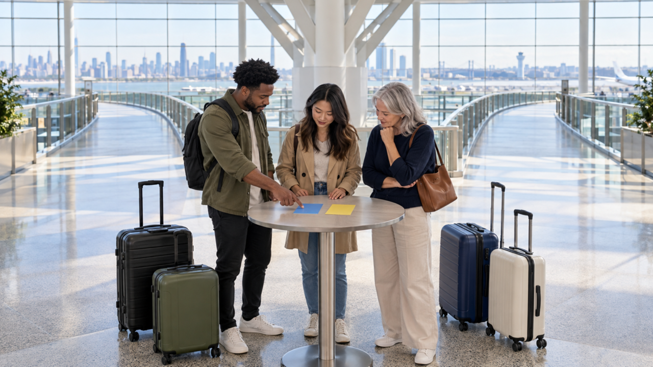 Travelers review an airport-to-airport connection plan with luggage before a JFK to EWR transfer