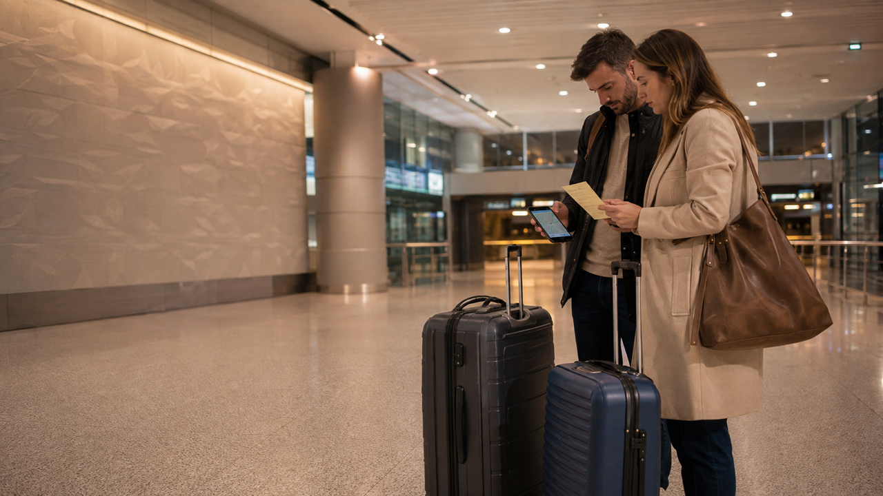 Travelers with suitcases reviewing their route from JFK to a Long Island home after an evening arrival