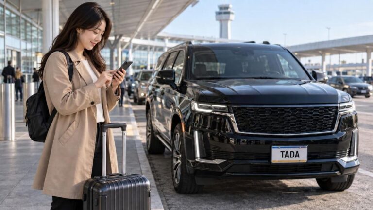 JFK 공항에서 TADA 픽업 차량 앞에서 휴대전화를 확인하는 한국인 여행객