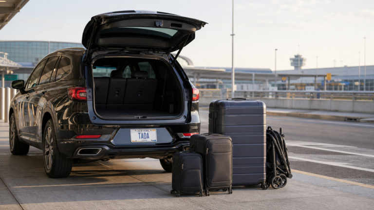 Black TADA SUV at JFK with an oversized suitcase, standard luggage, and a folded stroller