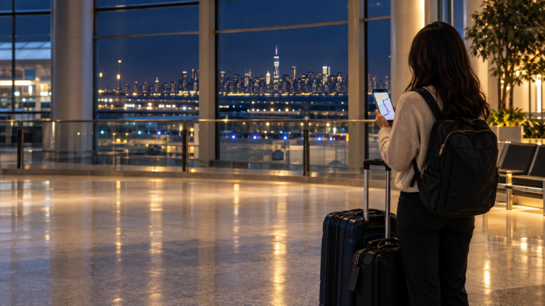 Traveler at JFK at night checking arrival details before a Times Square hotel transfer