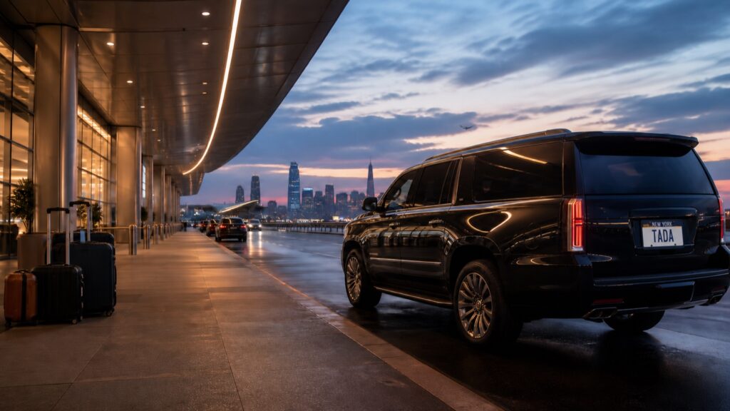 Black private SUV with a TADA New York plate waiting for a JFK Airport pickup to Manhattan