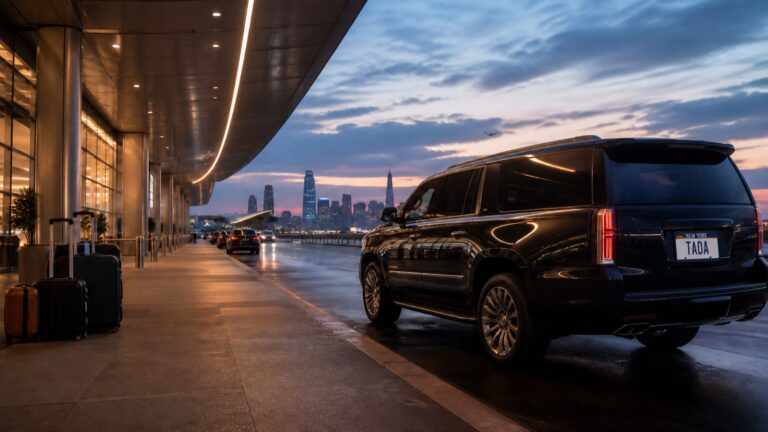 Black private SUV with a TADA New York plate waiting for a JFK Airport pickup to Manhattan