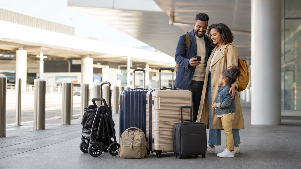 Family with a folded stroller and luggage preparing for an airport pickup
