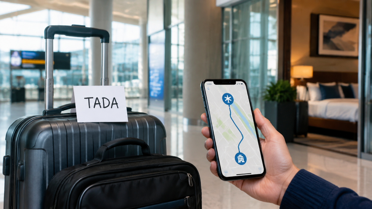 Suitcases and a phone route map prepared for a LaGuardia Airport transfer to a Queens hotel