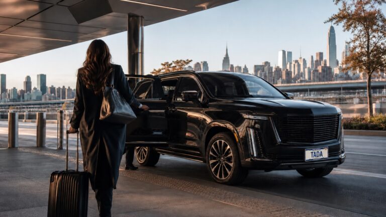 Black private SUV with a TADA New York plate ready for a LaGuardia Airport pickup to Manhattan