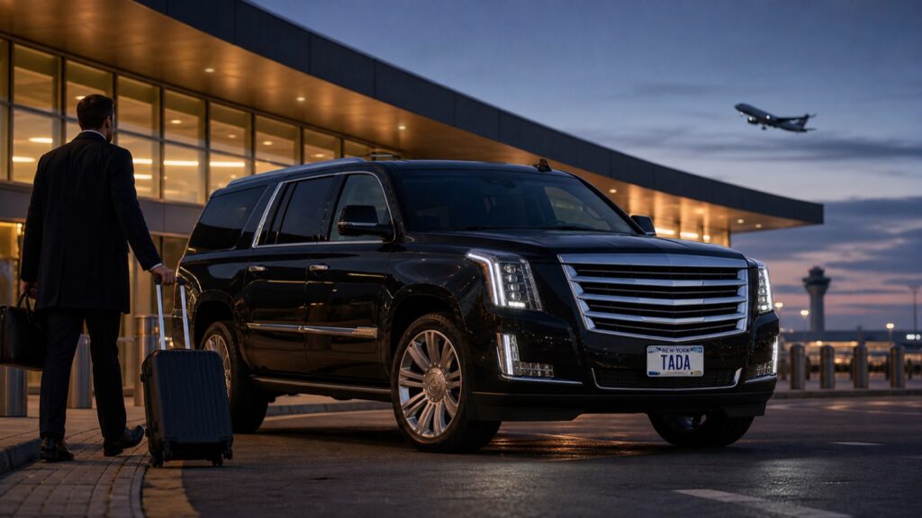 TADA private SUV at a New York airport before dawn
