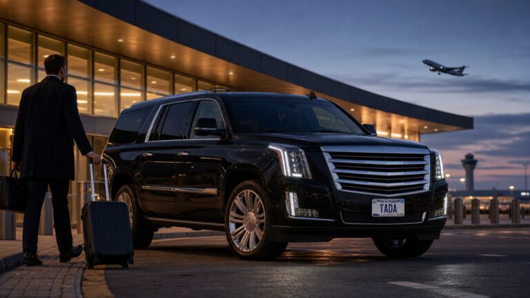 TADA private SUV at a New York airport before dawn