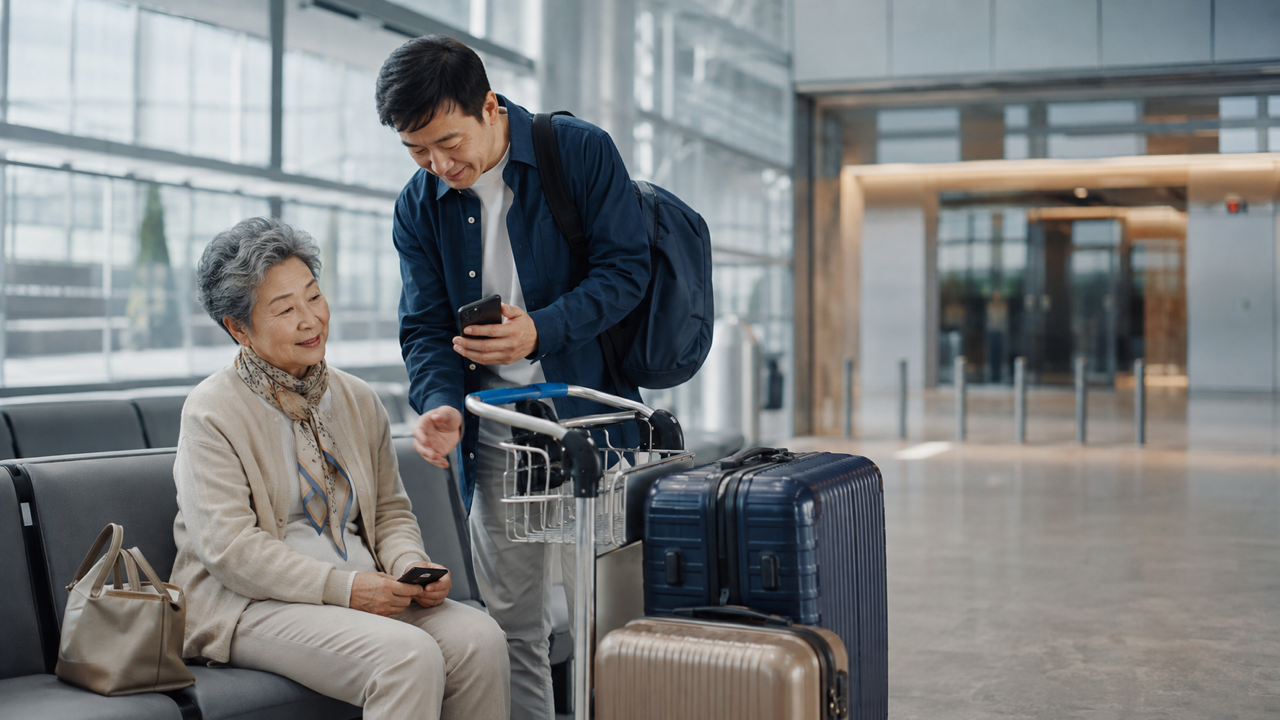 뉴욕 공항 도착장에서 고령 부모님과 수하물, 차량 만남 안내를 확인하는 한국인 가족