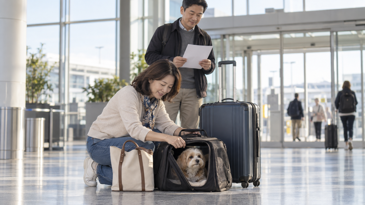뉴욕 공항 도착장에서 반려견 이동장과 여행 가방을 정리하는 여행객