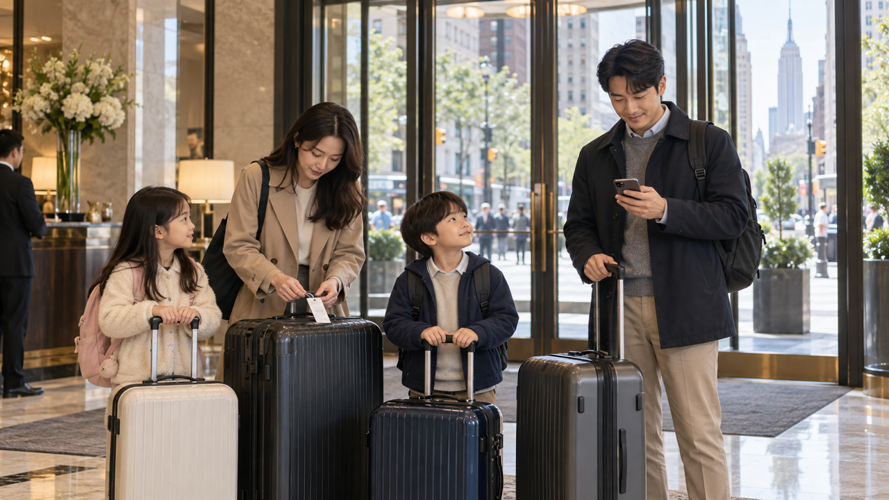 뉴욕 호텔 체크아웃 후 공항 이동을 위해 로비에서 짐과 픽업 시간을 확인하는 한국인 가족