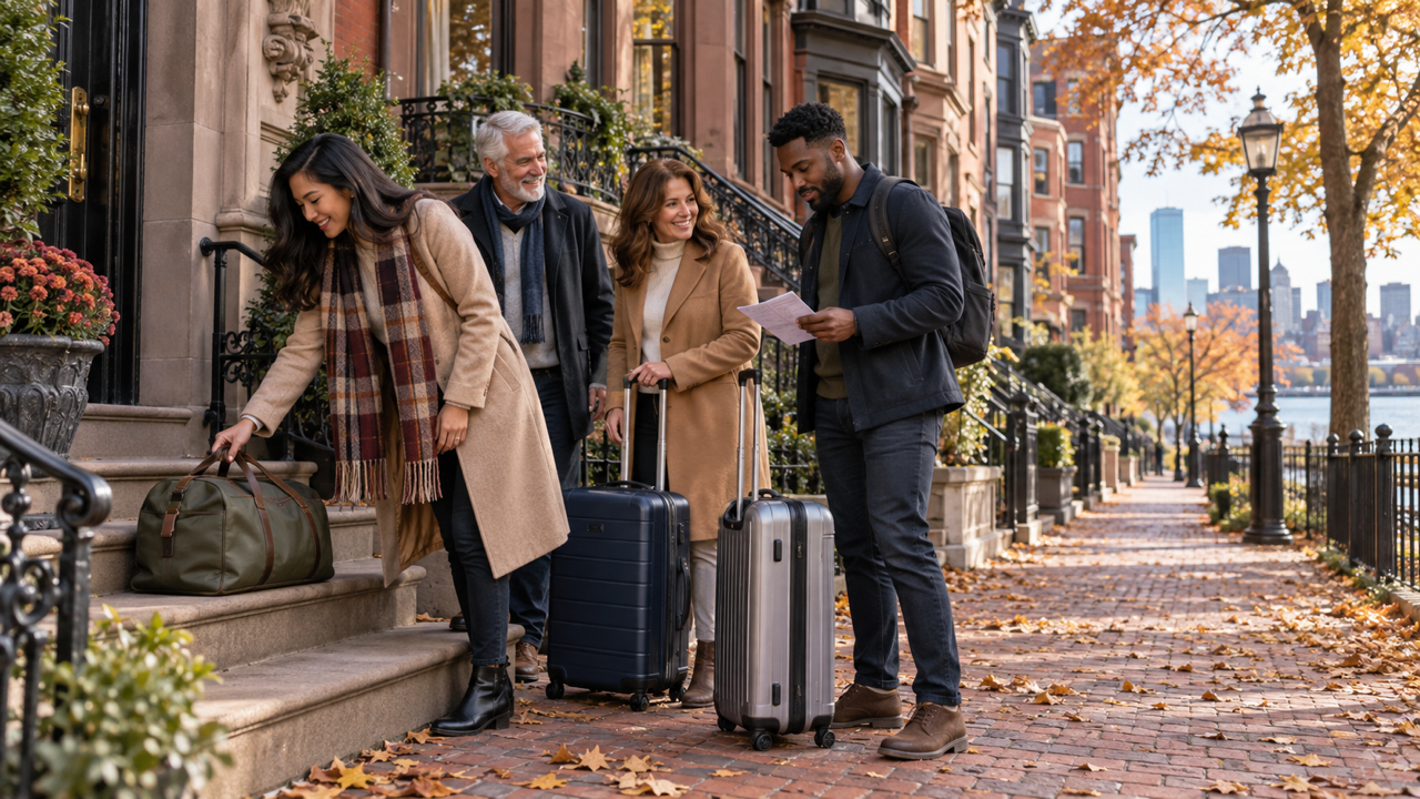 Travelers organize luggage outside a Boston brownstone after a private ride from New York City