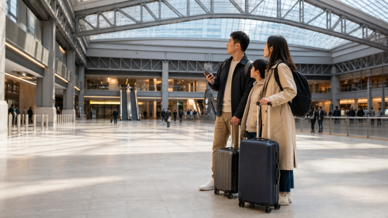 뉴욕 Penn Station 도착 후 휴대전화로 출구와 차량 만남 위치를 확인하는 가족 여행객