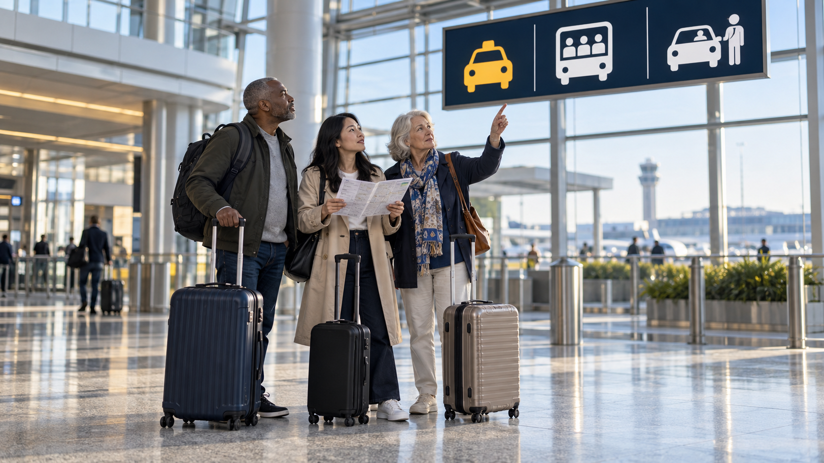 Travelers compare taxi, shared shuttle, and reserved airport car options in New York